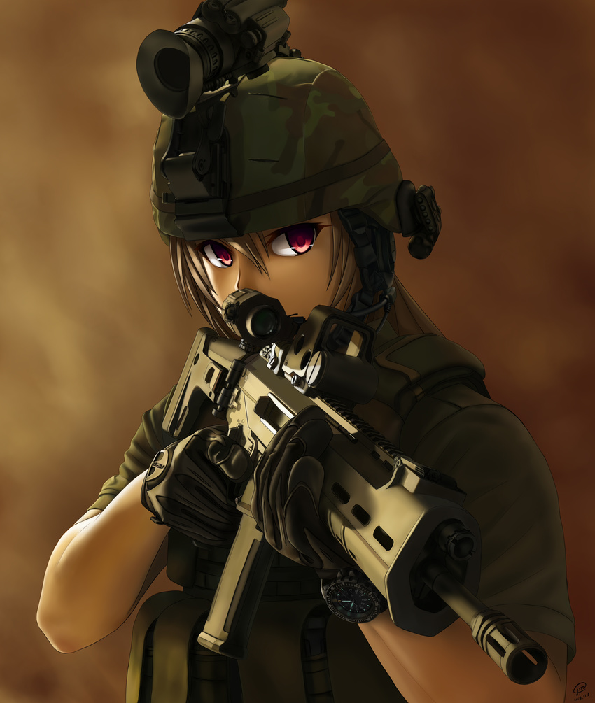 absurdres assault_rifle bushmaster_acr commentary eotech gloves goggles goggles_on_head goggles_on_headwear gun headset helmet highres holding holding_gun holding_weapon jpc light_brown_hair load_bearing_vest long_hair military military_uniform night_vision_device original purple_eyes remington_acr rifle scope shirt signature smoke soldier solo t-shirt trigger_discipline uniform upper_body watch weapon wristwatch