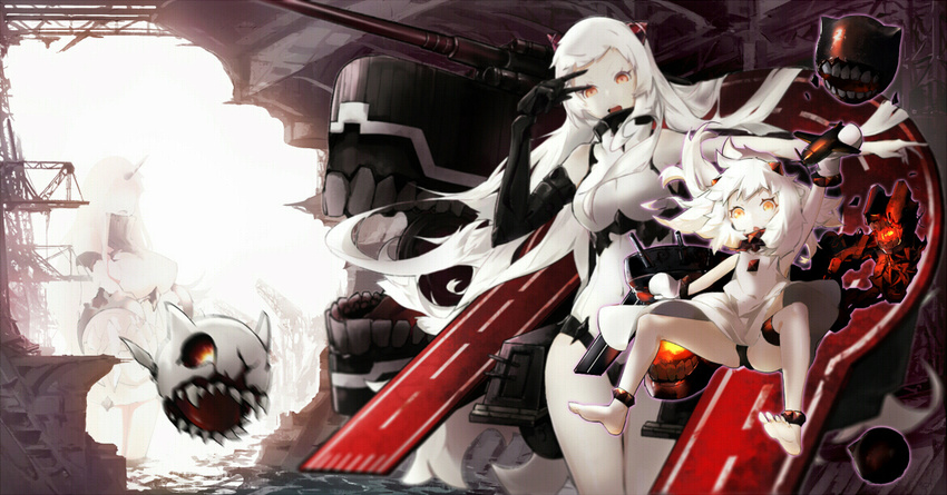 :d ahoge airfield_hime airport bad_id bad_pixiv_id black_panties detached_sleeves dress enemy_aircraft_(kantai_collection) gorikiri holding horn horns kantai_collection leotard long_hair looking_at_viewer machinery military military_vehicle mittens multiple_girls northern_ocean_hime open_mouth orange_eyes panties pantyshot pantyshot_(sitting) pose seaport_hime shinkaisei-kan ship sitting sliding smile turret underwear v warship watercraft white_dress white_hair white_skin