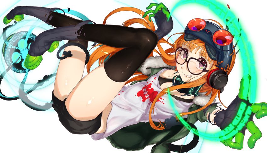 glasses goggles goggles_on_head headphones highres jacket long_hair nijimaarc orange_hair persona persona_5 sakura_futaba shorts solo