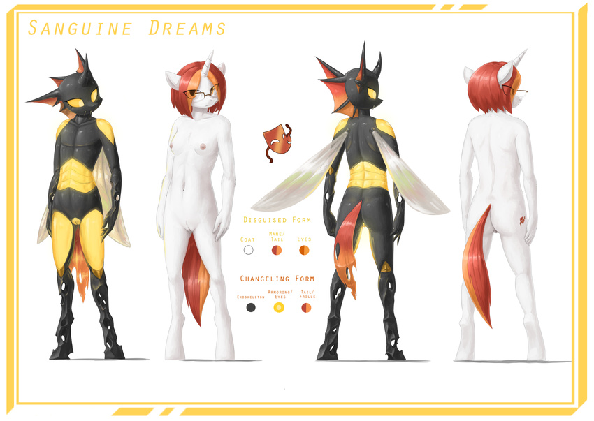 2016 absurd_res anthro areola breasts butt changeling english_text equine fan_character fangs female hair hi_res hole_(anatomy) hooves horn insect_wings mammal model_sheet multicolored_hair my_little_pony navel nipples nude pussy rear_view text the-minuscule-task two_tone_hair wings