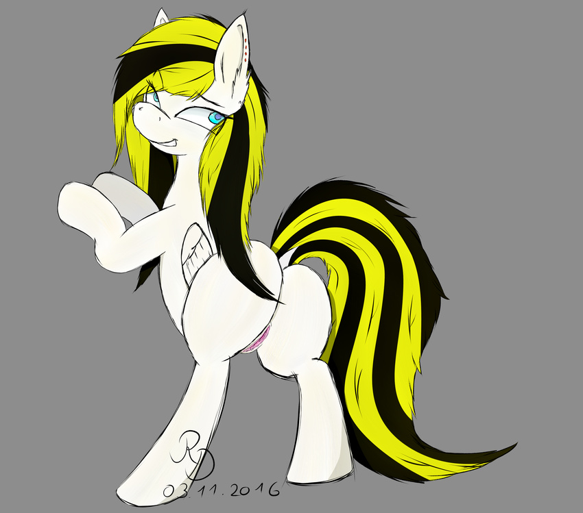 2016 black_hair black_tail blonde_hair blue_eyes equine fan_character female grey_background hair mammal multicolored_hair my_little_pony pegasus pussy rear_view rubydusk silverice_(oc) simple_background solo suggestive_look two_tone_hair two_tone_tail wings yellow_tail