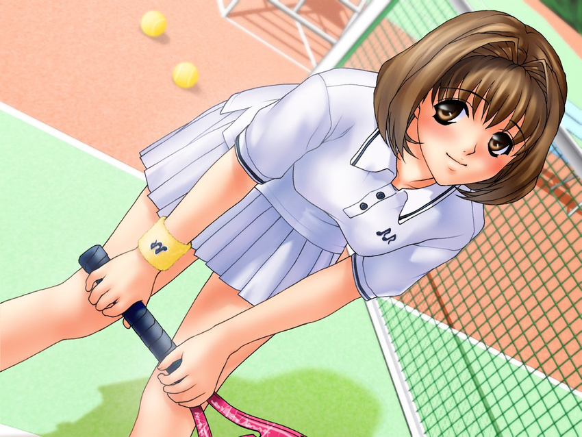 ball brown_hair game_cg hands_on_knees joy_ride libido looking_at_viewer plaid_skirt short_hair solo tennis tennis_ball tennis_racket tennis_uniform