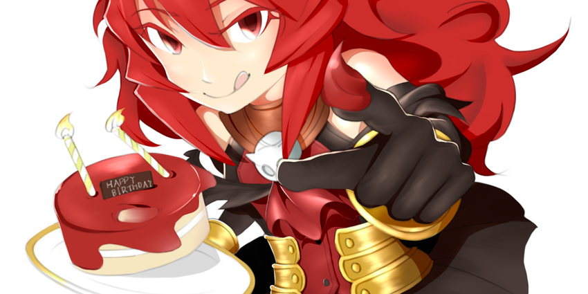 :q armor armored_dress birthday_cake black_gloves cake commentary_request demon_horns elbow_gloves flat_chest food foreshortening gloves horns icing long_hair looking_at_viewer maou_beluzel pointing pointing_at_viewer red_eyes red_hair solo tongue tongue_out watazaitetsuya yuusha_to_maou