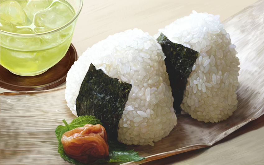 bamboo_leaf close-up coaster commentary_request cup derivative_work drinking_glass food fruit ice ice_cube jiji_(kbj0225) no_humans nori_(seaweed) onigiri photorealistic rice shiso_(plant) umeboshi