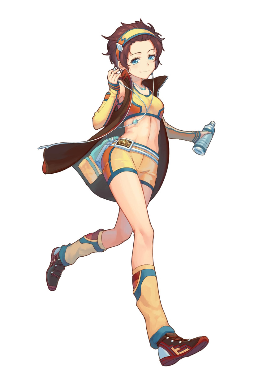 aqua_eyes bike_shorts bottle brown_hair earbuds earphones full_body hairband highres jacket koromuta_yuki leg_warmers midriff mizuto_umi_(blue_monday) navel official_art shoes short_hair simple_background single_earphone_removed smile sneakers solo toys_drive water_bottle white_background