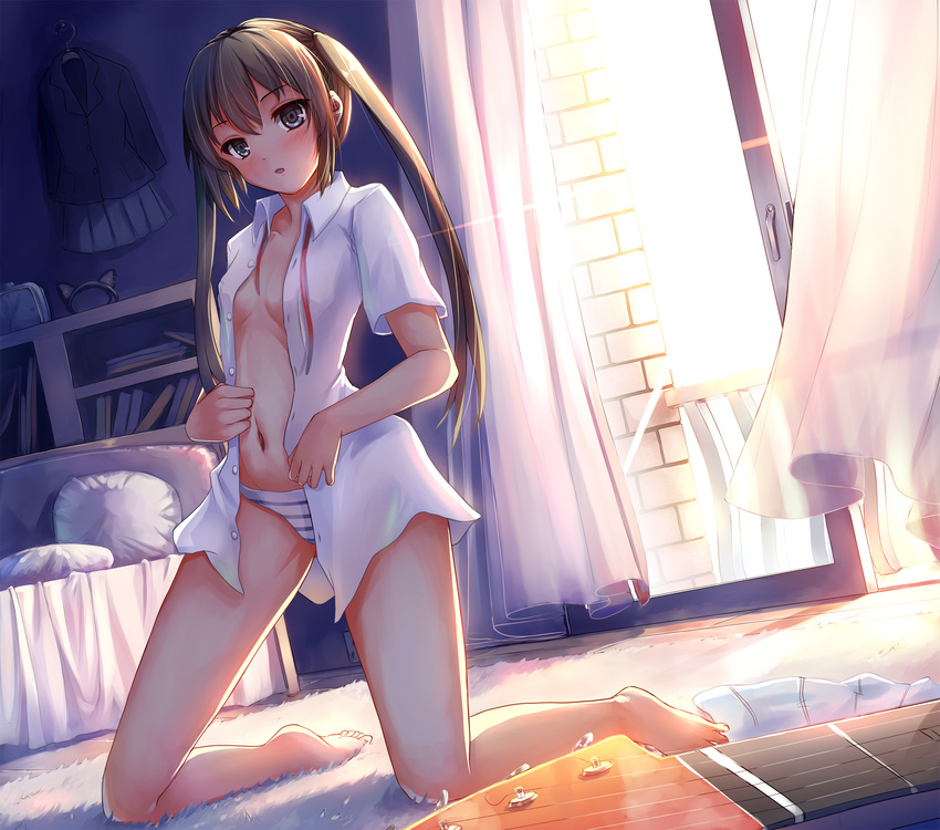 cleavage erect_nipples feet k-on! nakano_azusa no_bra pantsu seifuku shimapan undressing weiyinji_xsk