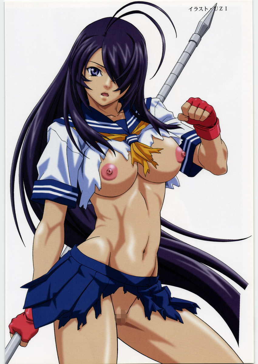 1girl areolae artist_request blue_eyes blue_skirt breasts censored fingerless_gloves hair_over_one_eye holding holding_weapon ikkitousen kan'u_unchou large_breasts legs long_hair looking_at_viewer mosaic_censoring mound_of_venus nipples no_bra no_panties parted_lips purple_hair pussy school_uniform serious shaved shaved_pussy simple_background skirt solo standing thighs torn_clothes white_background