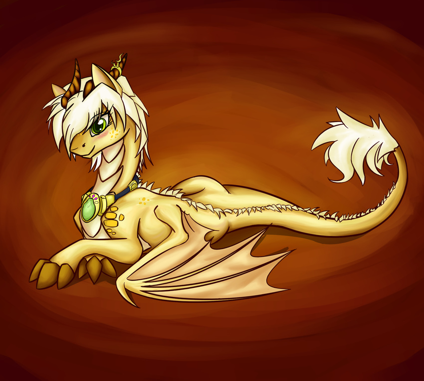 blonde_hair claws dragon eyelashes female feral gradient_background green_eyes hair horn lating membranous_wings nude oksara orange_scales orange_skin scales scalie simple_background smile solo wings