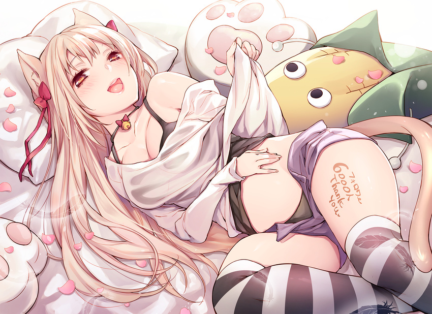 :d animal_ears bangs bell bell_collar black_legwear black_panties blonde_hair blush body_writing bow breasts camisole cat_ears cat_girl cat_tail cleavage cocoa_(cafe-hotcocoa) collar collarbone corn feathers followers hair_bow half-closed_eyes hand_on_own_stomach highres hips holding long_hair looking_at_viewer lying md5_mismatch medium_breasts off_shoulder on_back on_bed open_clothes open_mouth open_shorts original over-kneehighs panties petals pillow red_eyes short_shorts shorts smile solo striped striped_legwear stuffed_toy tail teeth thighhighs thighs underwear white_legwear