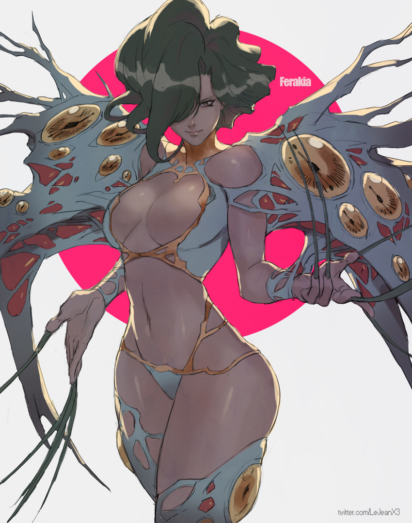 absurdres armor bikini_armor black_hair black_nails breasts claws cleavage dominatrix extra_eyes ferakia_(langrisser) hair_over_one_eye highres langrisser lejeanx3 nail_polish navel simple_background standing thighs twitter_username watermark web_address white_legwear