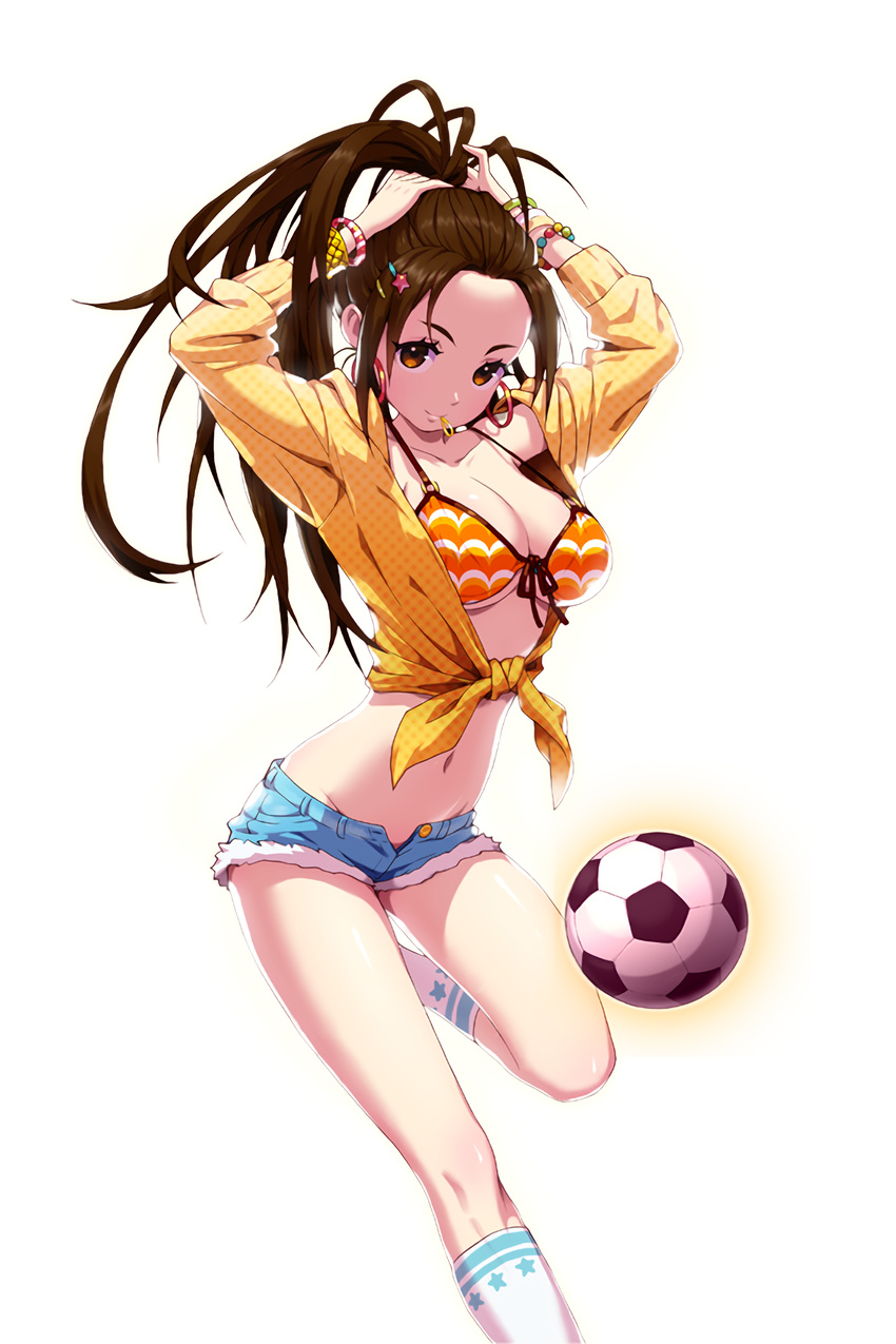 adjusting_hair ball bead_bracelet beads blue_shorts bracelet breasts brown_eyes brown_hair cleavage comiccho denim denim_shorts earrings hair_ornament highres hoop_earrings jewelry long_hair medium_breasts midriff mouth_hold nana_(soccer_spirits) navel short_shorts shorts soccer_ball soccer_spirits socks solo standing transparent_background underboob white_legwear