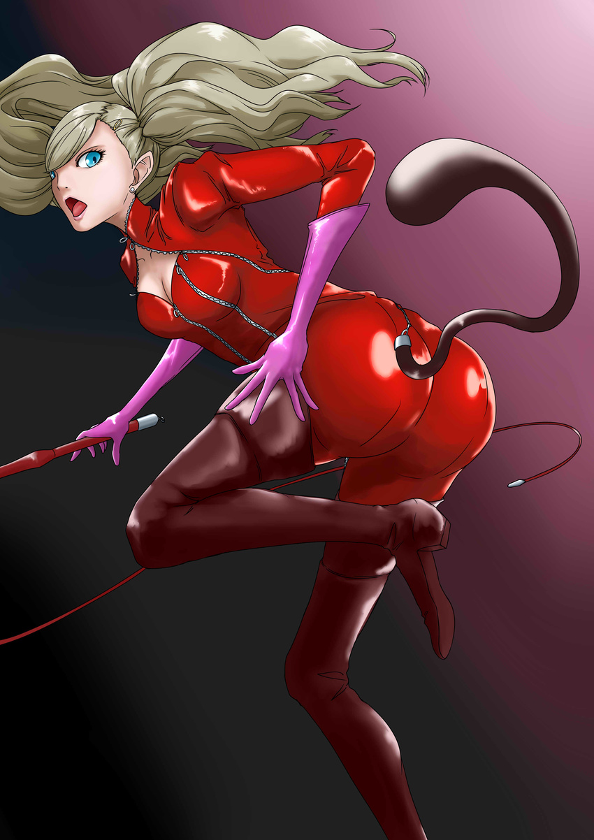 1girl ass blue_eyes bodysuit boots breasts cameltoe earrings from_behind gloves hairclip jewelry latex latex_gloves latex_suit long_hair looking_back medium_breasts open_mouth persona persona_5 platinum_blonde purple_gloves shiny shiny_clothes shiny_hair sideboob skin_tight solo tail takamaki_ann thigh_boots thighs tied_hair twintails whip zipper