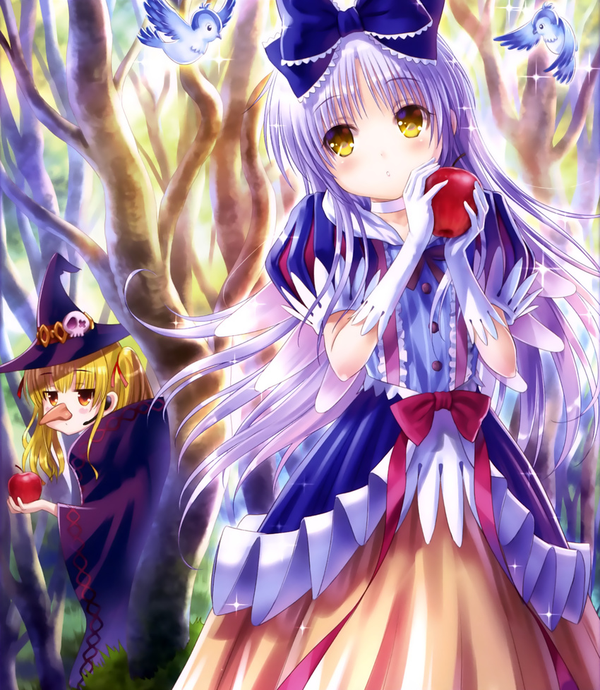 angel_beats! apple bare_tree bird blonde_hair blue_bow blush bow brown_hair choker cloak closed_mouth collarbone cosplay day earpiece expressionless eyebrows eyebrows_visible_through_hair food forest fruit gloves goto_p hair_bow hair_ribbon hat head_tilt highres holding holding_food holding_fruit lavender_hair long_hair multiple_girls nature orange_skirt outdoors parted_lips peeking_out puffy_short_sleeves puffy_sleeves queen_(snow_white) queen_(snow_white)_(cosplay) red_ribbon ribbon scan shirt short_sleeves skirt snow_white sparkle standing tenshi_(angel_beats!) tree two_side_up very_long_hair white_gloves witch witch_hat yellow_eyes yusa_(angel_beats!)