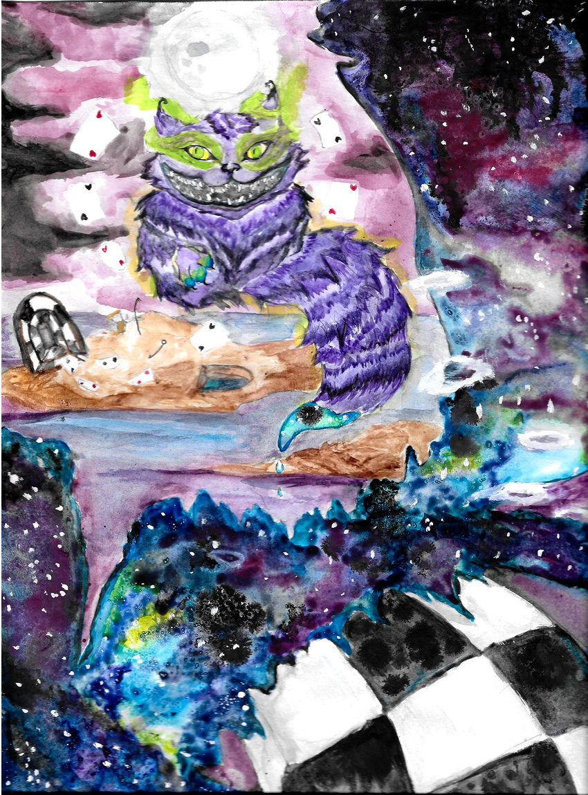 alice_in_wonderland cheshire_cat traditional_media_(artwork) watercolor_(artwork) wonderland