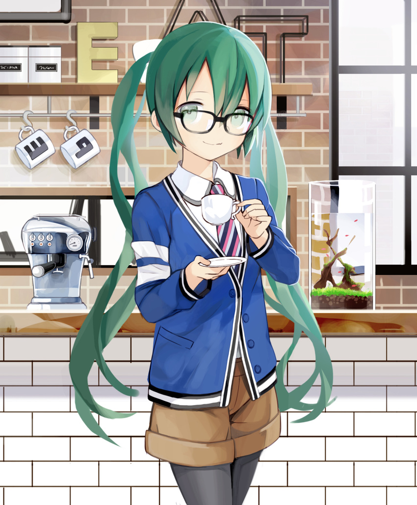 bangs bespectacled black-framed_eyewear black_legwear blazer blue_jacket brick_wall buttons cafe coffee coffee_maker_(object) coffee_mug collared_shirt counter cowboy_shot cup diagonal_stripes fish_tank glasses green_eyes green_hair hair_between_eyes hatsune_miku highres holding holding_cup indoors jacket jar kari_kenji long_hair long_sleeves looking_at_viewer mug necktie pantyhose pantyhose_under_shorts partially_unbuttoned saucer shelf shirt shorts smile solo striped striped_neckwear teacup tiles twintails very_long_hair vocaloid window