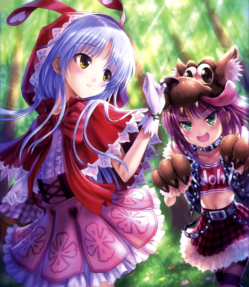 :d angel_beats! animal_costume animal_hood belt big_bad_wolf big_bad_wolf_(cosplay) blurry blush center_frills clothes_writing collar cosplay crop_top dappled_sunlight day depth_of_field eyebrows eyebrows_visible_through_hair flower forest gloves goto_p green_eyes heart heart_print high-waist_skirt highres hood jacket lavender_hair little_red_riding_hood little_red_riding_hood_(grimm) little_red_riding_hood_(grimm)_(cosplay) long_hair looking_at_another looking_back midriff multiple_girls nature open_clothes open_jacket open_mouth outdoors pantyhose parted_lips paws petticoat picnic_basket pink_skirt plaid plaid_skirt purple_hair red_skirt scan shirt skirt smile spiked_collar spikes standing striped striped_legwear sunlight tenshi_(angel_beats!) v-shaped_eyebrows white_gloves white_shirt wolf_costume wolf_hat yellow_eyes yuri_(angel_beats!)