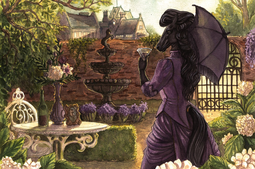 2015 alcohol amazing_background anthro beverage black_fur black_hair black_tail bottle brick cannedtalent chair clothed clothing colored_pencil_(artwork) day detailed_background draft_horse dress equine female flower friesian fur furgonomics garden gate glass hair holding_glass holding_object horse long_hair looking_at_viewer looking_back mammal mansion mixed_media outside parasol photo picture_frame plant rear_view sky solo standing table tail_clothing traditional_media_(artwork) tree vase victorian watercolor_(artwork) wine