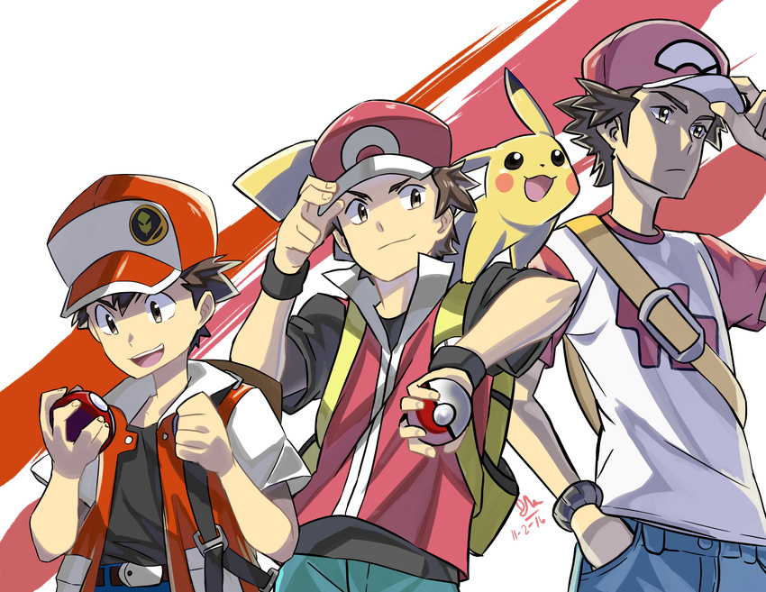absurdres adjusting_clothes adjusting_hat age_progression backpack bag baseball_cap belt brown_hair comparison dated gen_1_pokemon hat highres holding holding_poke_ball ishmaiah_dado jacket multiple_persona open_clothes open_jacket pants pikachu poke_ball poke_ball_(generic) pokemon pokemon_(creature) pokemon_(game) pokemon_frlg pokemon_rgby pokemon_sm red_(pokemon) red_(pokemon_frlg) red_(pokemon_rgby) shirt short_sleeves signature smile t-shirt wristband younger z-ring