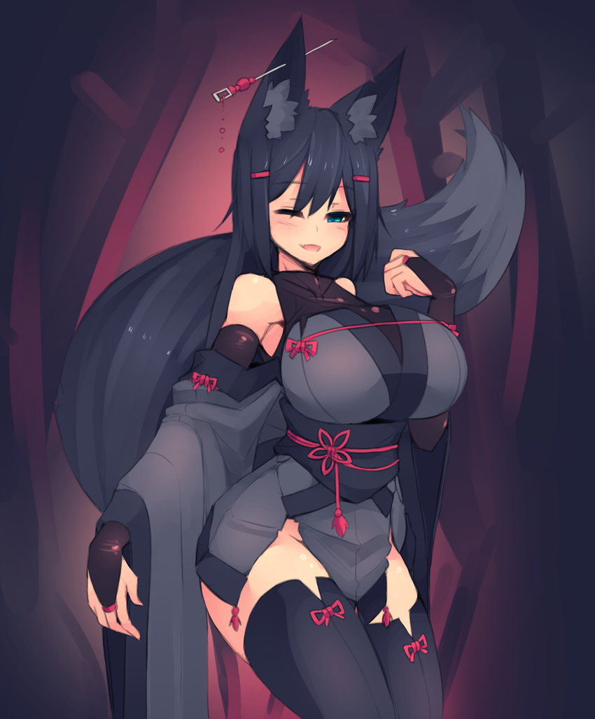 ;d animal_ear_fluff animal_ears bare_shoulders black_hair black_legwear blue_eyes breasts bridal_gauntlets cowboy_shot detached_sleeves ear_piercing fox_ears fox_tail gloves hair_ornament hairclip halter_top halterneck highres huge_breasts kiri_(sub-res) long_hair looking_at_viewer notched_ear one_eye_closed open_mouth original piercing smile solo sub-res tail thighhighs