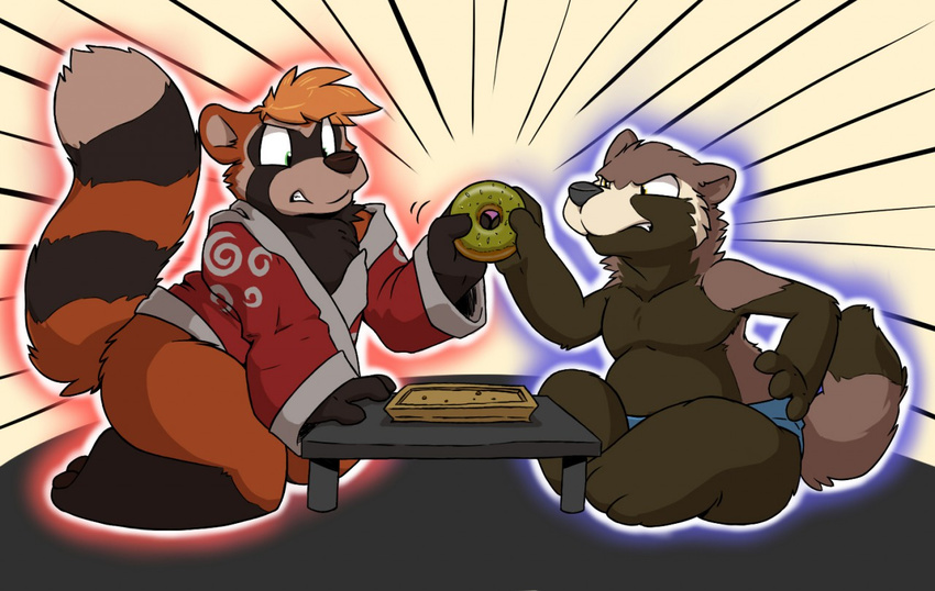 bottomless clothed clothing doughnut duo fight food fundoshi housepets! hybrid itsuki_(housepets!) japanese_clothing kimono male mammal nogitsunegabriel overweight overweight_male red_panda rick_griffin snarling table tanuki topless underwear zoom_lines