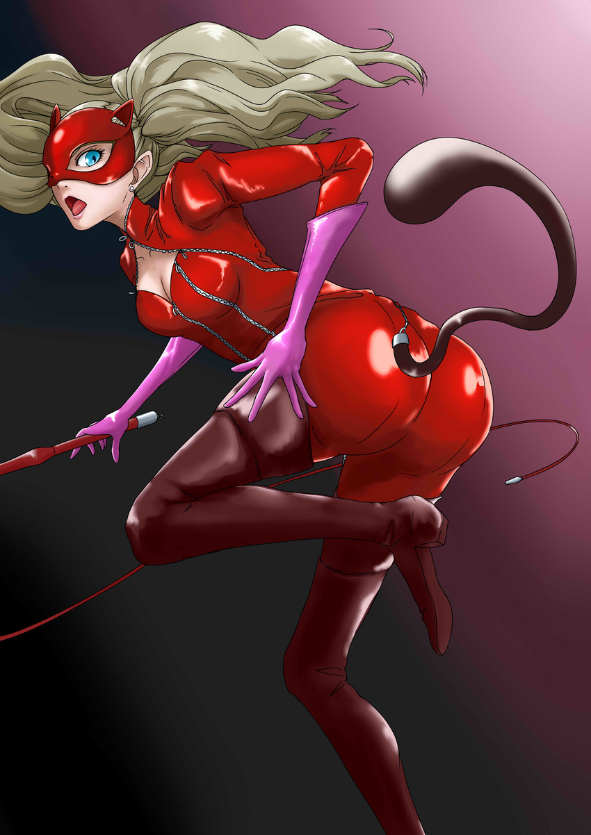 1girl ass blue_eyes bodysuit boots breasts cameltoe earrings from_behind gloves hairclip jewelry latex latex_gloves latex_suit long_hair looking_back mask medium_breasts open_mouth persona persona_5 platinum_blonde purple_gloves shiny shiny_clothes shiny_hair sideboob skin_tight solo tail takamaki_ann thigh_boots thighs tied_hair twintails whip zipper