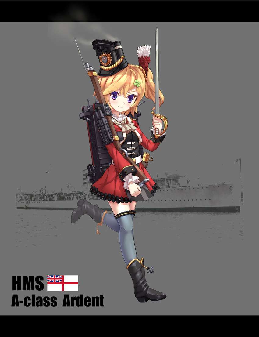absurdres anchor ardent_(zhan_jian_shao_nyu) belt black_footwear black_hat black_shirt blonde_hair blush breasts british character_name closed_mouth clover clover_hair_ornament coat commentary_request cravat cropped_jacket emblem four-leaf_clover four-leaf_clover_hair_ornament grey_legwear gun hair_ornament hat highres hms_ardent holding holding_sword holding_weapon leg_up long_sleeves looking_at_viewer machinery medium_breasts military military_vehicle official_art photo_background purple_eyes red_coat red_skirt rifle rigging saber_(weapon) scabbard sheath ship shirt shoes side_ponytail sirills skirt smile smoke solo standing standing_on_one_leg sword text_focus thighhighs torpedo union_jack warship watercraft weapon white_belt white_ensign zettai_ryouiki zhan_jian_shao_nyu