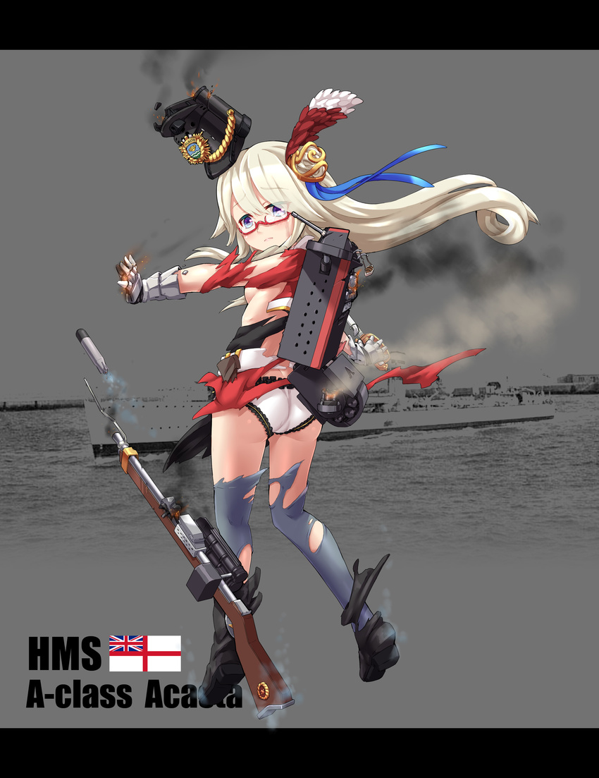 absurdres acasta_(zhan_jian_shao_nyu) anchor ass belt black_footwear black_hat black_shirt blue_ribbon breasts british character_name coat cropped_jacket damaged emblem from_behind full_body gauntlets glasses grey_legwear gun hair_ornament hat highres hms_acasta holding holding_weapon long_hair long_sleeves looking_at_viewer looking_back machinery military military_uniform military_vehicle no_bra official_art panties photo_background red-framed_eyewear red_coat red_skirt ribbon rifle rigging saber_(weapon) ship shirt shoes sirills skirt small_breasts smoke solo standing sword text_focus thighhighs torn_clothes torpedo underwear uniform union_jack warship watercraft weapon white_belt white_ensign white_hair white_panties zhan_jian_shao_nyu