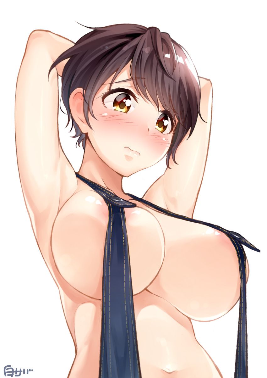 areola_slip areolae armpits arms_up blush breasts brown_eyes brown_hair highres idolmaster idolmaster_cinderella_girls idolmaster_cinderella_girls_starlight_stage large_breasts navel oikawa_shizuku shirosaba short_hair simple_background solo suspenders white_background