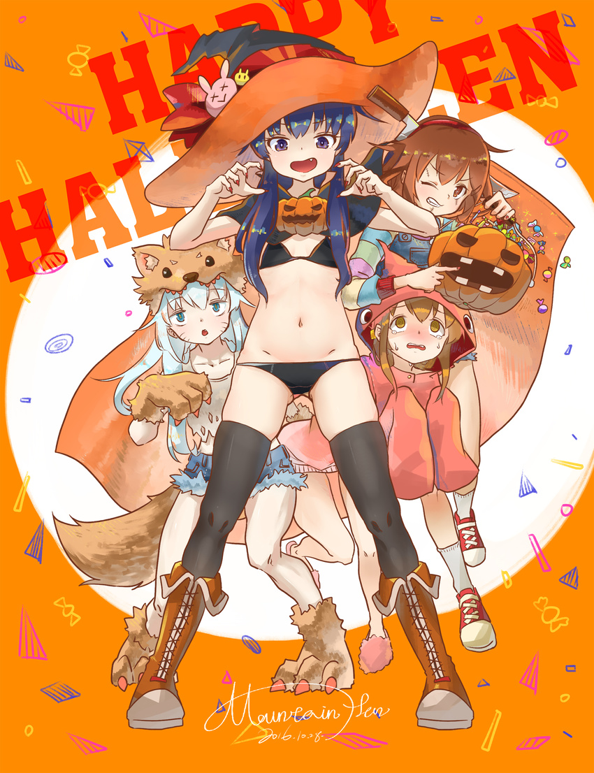 akatsuki_(kantai_collection) animal_hat bikini black_bikini black_eyes black_hair black_legwear blue_eyes blue_shorts blush boots brown_eyes brown_hair candy capelet claw_pose cloak cross-laced_footwear denim denim_shorts fang food grin halloween hat hibiki_(kantai_collection) highres hood hooded_cloak ikazuchi_(kantai_collection) inazuma_(kantai_collection) kantai_collection kneeling knife knife_in_head lace-up_boots long_hair looking_at_another looking_at_viewer multiple_girls navel one_eye_closed open_mouth paws pumpkin scared shoes short_hair shorts signature silver_hair smile sneakers socks standing stitches stuffed_toy suspenders sweatdrop swimsuit tail tearing_up thighhighs torn_clothes white_legwear witch_hat yama_gan