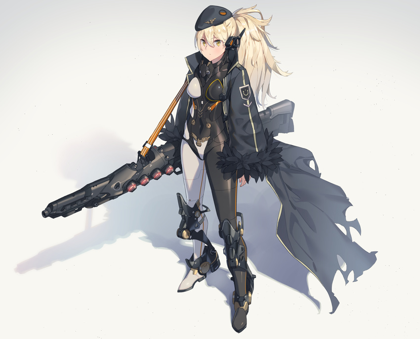 armor arms_at_sides beret black_feathers black_hat black_jacket blonde_hair bodysuit breasts ddal emblem eyebrows eyebrows_visible_through_hair feather-trimmed_sleeves full_body grey_background gun hair_between_eyes hat highres jacket legs long_hair long_sleeves medium_breasts open_clothes open_jacket original over_shoulder ponytail rifle shadow simple_background skin_tight sniper_rifle solo standing weapon yellow_eyes