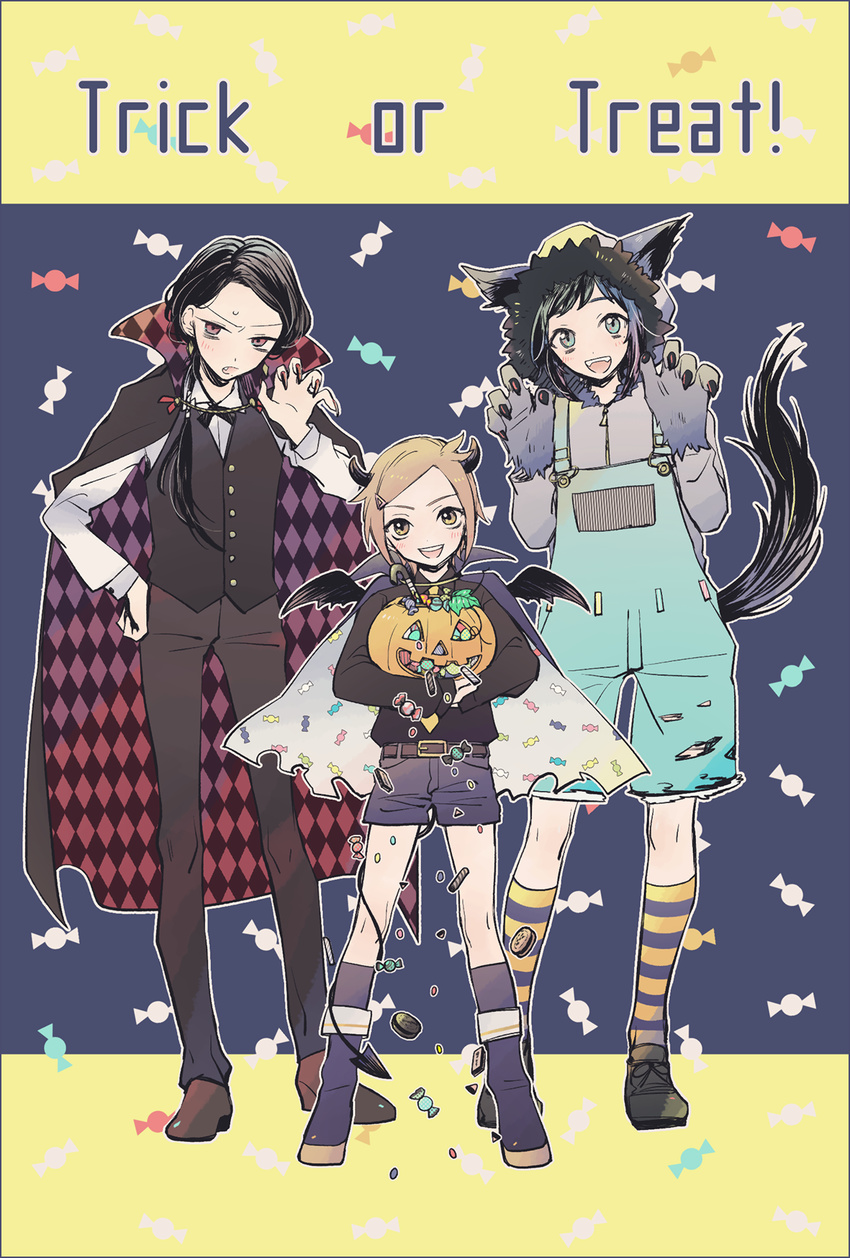 animal_hood black_hair blue_eyes brown_eyes brown_hair candy cape earrings fang fingernails food gloves hair_ornament hairclip halloween hand_on_hip highres hood horns houchou_toushirou jack-o'-lantern jewelry kashuu_kiyomitsu kneehighs male_focus mole mole_under_eye mole_under_mouth multiple_boys nail_polish necktie open_mouth overalls paw_gloves paws ponytail red_eyes red_nails sharp_fingernails shigeru shorts striped striped_legwear tail torn_clothes torn_overalls touken_ranbu trick_or_treat wolf_hood wolf_tail yamato-no-kami_yasusada
