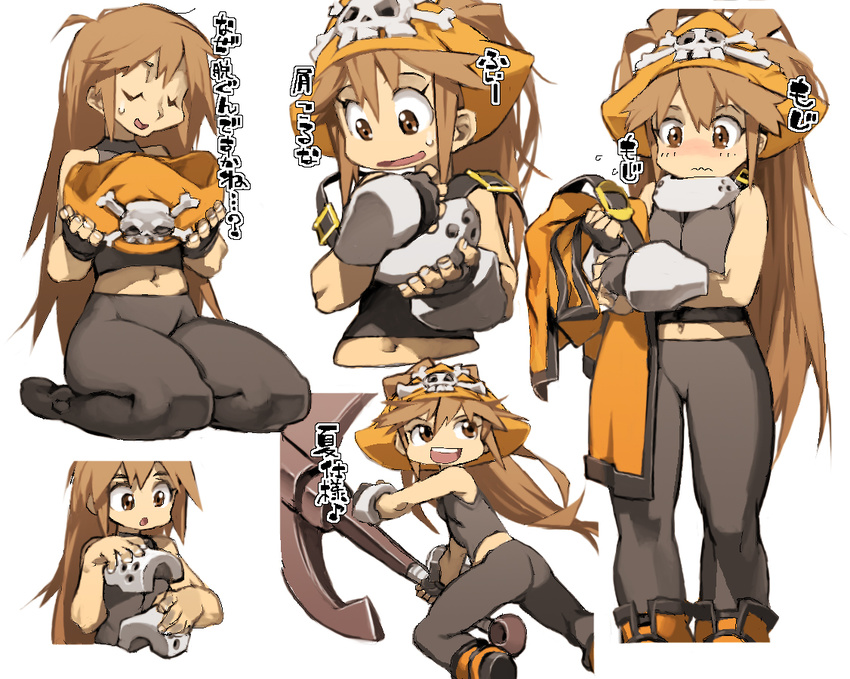 anchor bare_shoulders blush brown_eyes brown_hair fingerless_gloves gloves guilty_gear hat long_hair may_(guilty_gear) multiple_views orange_hat orange_shirt pantyhose pirate pirate_hat shirt skull_and_crossbones smile ysk!