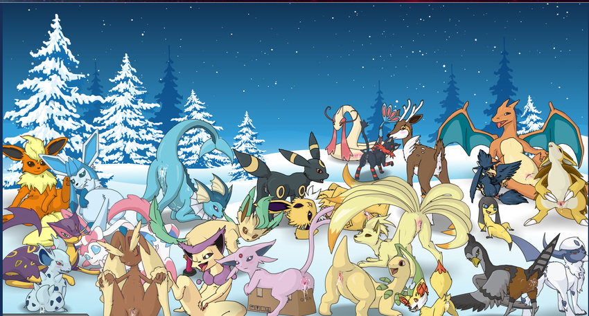 2016 absol bayleef blush butt canine cervine charizard cum cum_drip delcatty dripping eeveelution espeon feathered_wings feathers feline female fennekin feral flareon fox fur glaceon helioptile hi_res horn jolteon leafeon liepard litten looking_at_viewer lopunny mammal milotic murkrow nidorina ninetales nintendo open_mouth pok&eacute;mon sawsbuck smile sylveon terraraptor tongue umbreon unfezant vaporeon video_games wings