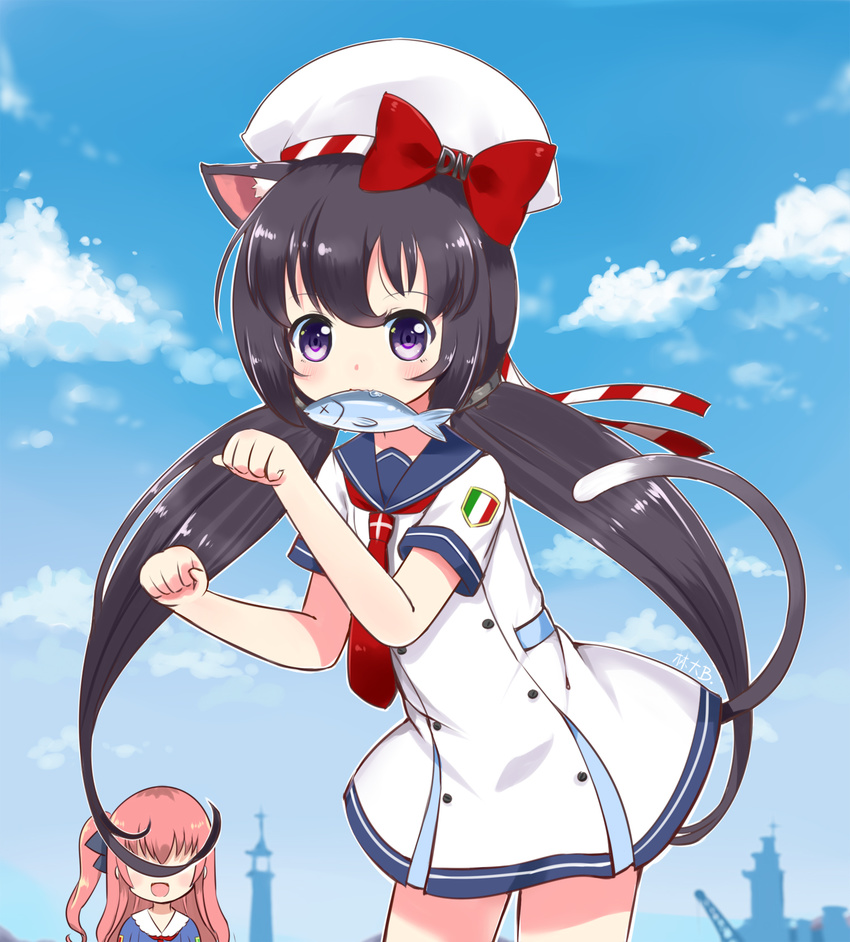 animal_ears antonio_da_noli_(zhan_jian_shao_nyu) badge black_hair blue_background blue_sky blush bow buttons clenched_hands cloud commentary_request covered_eyes day double-breasted dress fish fish_in_mouth hat highres italian_flag linda_b long_sleeves looking_at_viewer multiple_girls open_mouth outdoors outline paw_pose pink_hair purple_eyes red_bow sailor_collar short_sleeves sky twintails ugolino_vivaldi_(zhan_jian_shao_nyu) white_dress white_hat white_outline zhan_jian_shao_nyu