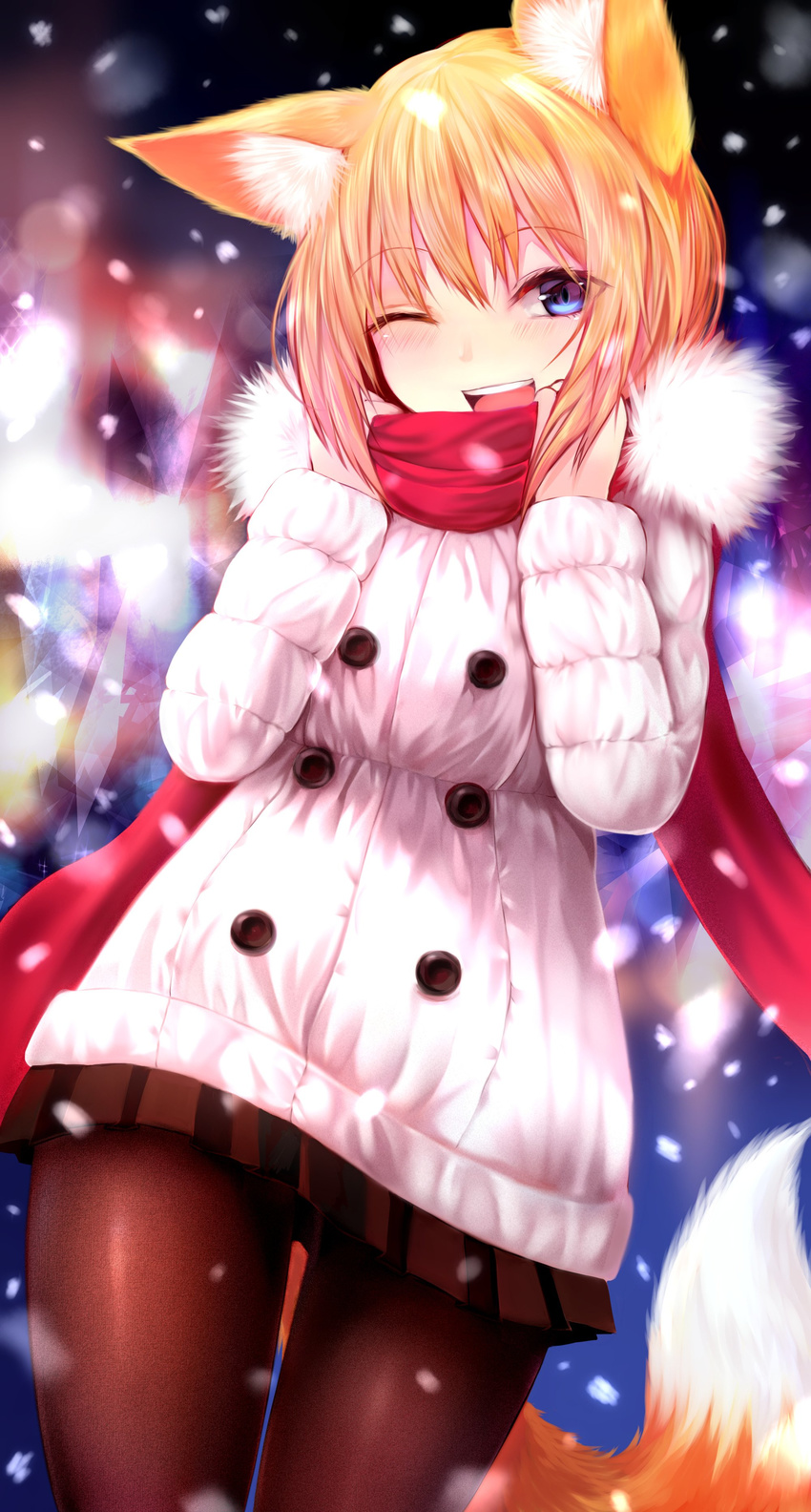 :d absurdres adjusting_scarf animal_ears bangs blonde_hair blue_eyes blurry blurry_background blush brown_legwear brown_skirt buttons coat contrapposto cowboy_shot dutch_angle evening eyebrows eyebrows_visible_through_hair fox_ears fox_tail fur-trimmed_coat fur_coat fur_trim hair_over_eyes hands_up head_tilt highres hood hood_down long_sleeves looking_at_viewer miniskirt one_eye_closed open_mouth original outdoors pantyhose pleated_skirt red_scarf scarf short_hair skirt smile snowing solo standing sukemyon tail teeth white_coat winter winter_clothes winter_coat