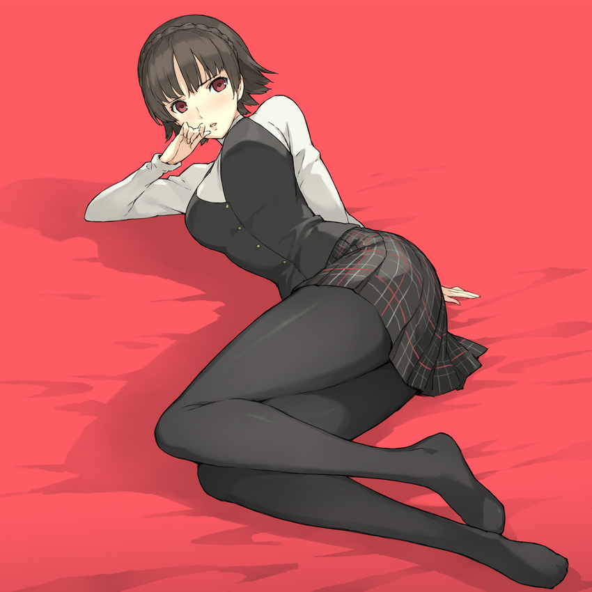 black_hair black_legwear commentary_request highres long_sleeves looking_at_viewer lying morisawa_haruyuki niijima_makoto no_shoes on_side pantyhose parted_lips persona persona_5 plaid plaid_skirt red_eyes school_uniform short_hair shuujin_academy_uniform skirt solo