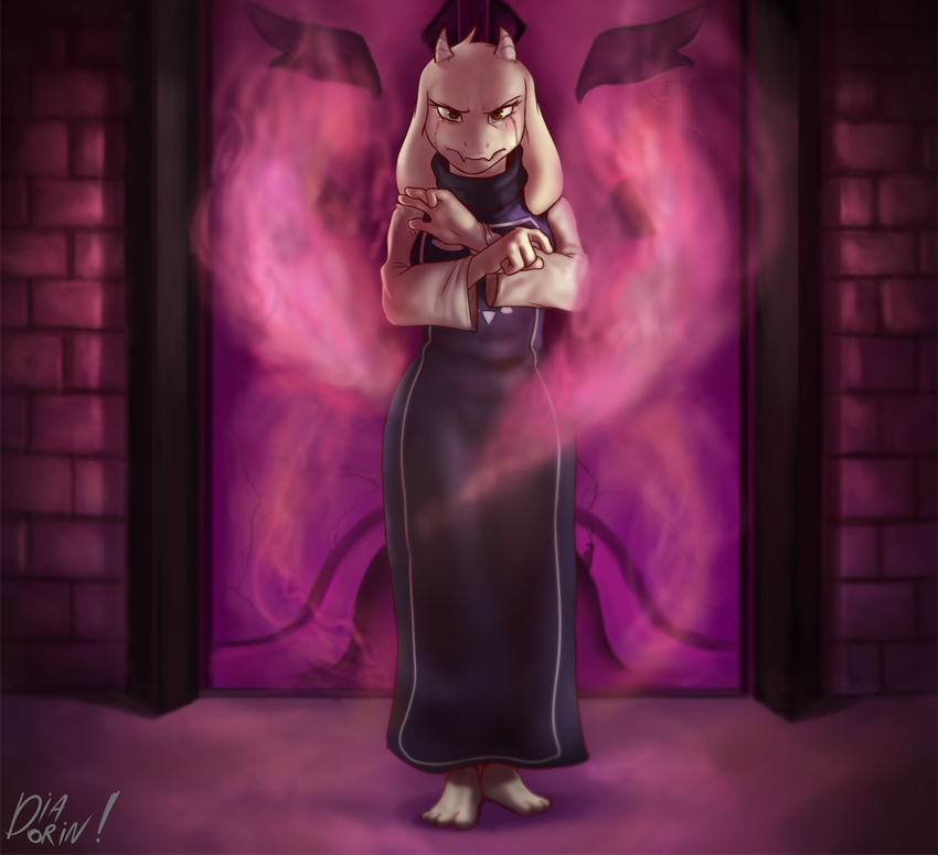anthro barefoot boss_monster clothed clothing diadorin dress female fur horn looking_at_viewer magic purple_theme red_eyes solo standing tears toriel undertale video_games white_fur
