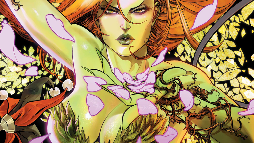 1girl bare_shoulders breasts cleavage dc_comics green_eyes large_breasts long_hair poison_ivy