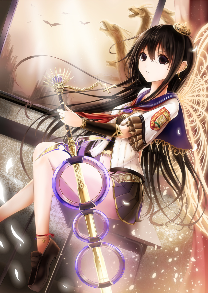 ankle_ribbon black_eyes black_hair black_skirt collarbone crown earrings highres holding holding_sword holding_weapon jewelry kentaurosu long_hair midriff mini_crown navel original pleated_skirt red_ribbon ribbon ring skirt solo staff sword weapon