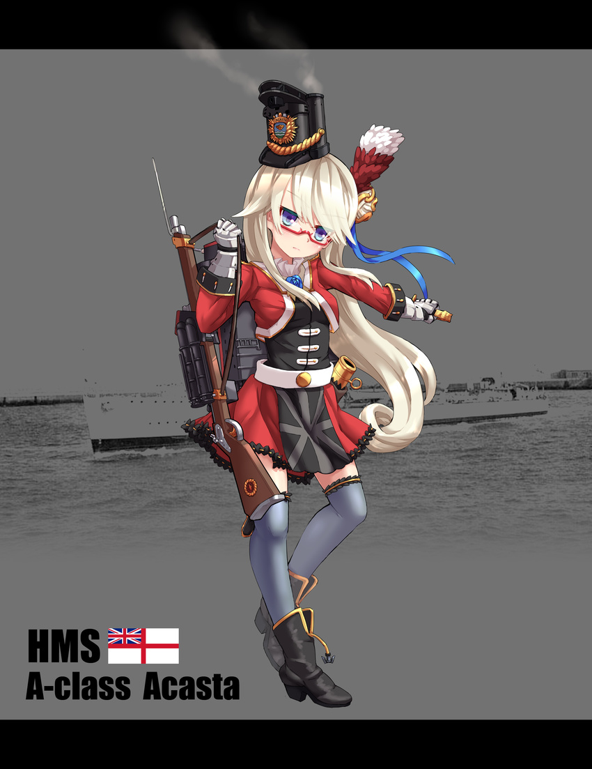 absurdres acasta_(zhan_jian_shao_nyu) anchor belt black_footwear black_hat black_shirt blue_flower blue_ribbon breasts british character_name coat commentary_request cravat cropped_jacket emblem flower full_body gauntlets glasses grey_legwear gun hair_ornament hat highres hms_acasta holding holding_weapon long_hair long_sleeves looking_at_viewer machinery military military_uniform military_vehicle official_art photo_background red-framed_eyewear red_coat red_skirt reverse_grip ribbon rifle rigging scabbard sheath ship shirt shoes sirills skirt small_breasts smoke solo standing text_focus thighhighs torpedo uniform union_jack warship watercraft weapon white_belt white_ensign white_hair zettai_ryouiki zhan_jian_shao_nyu