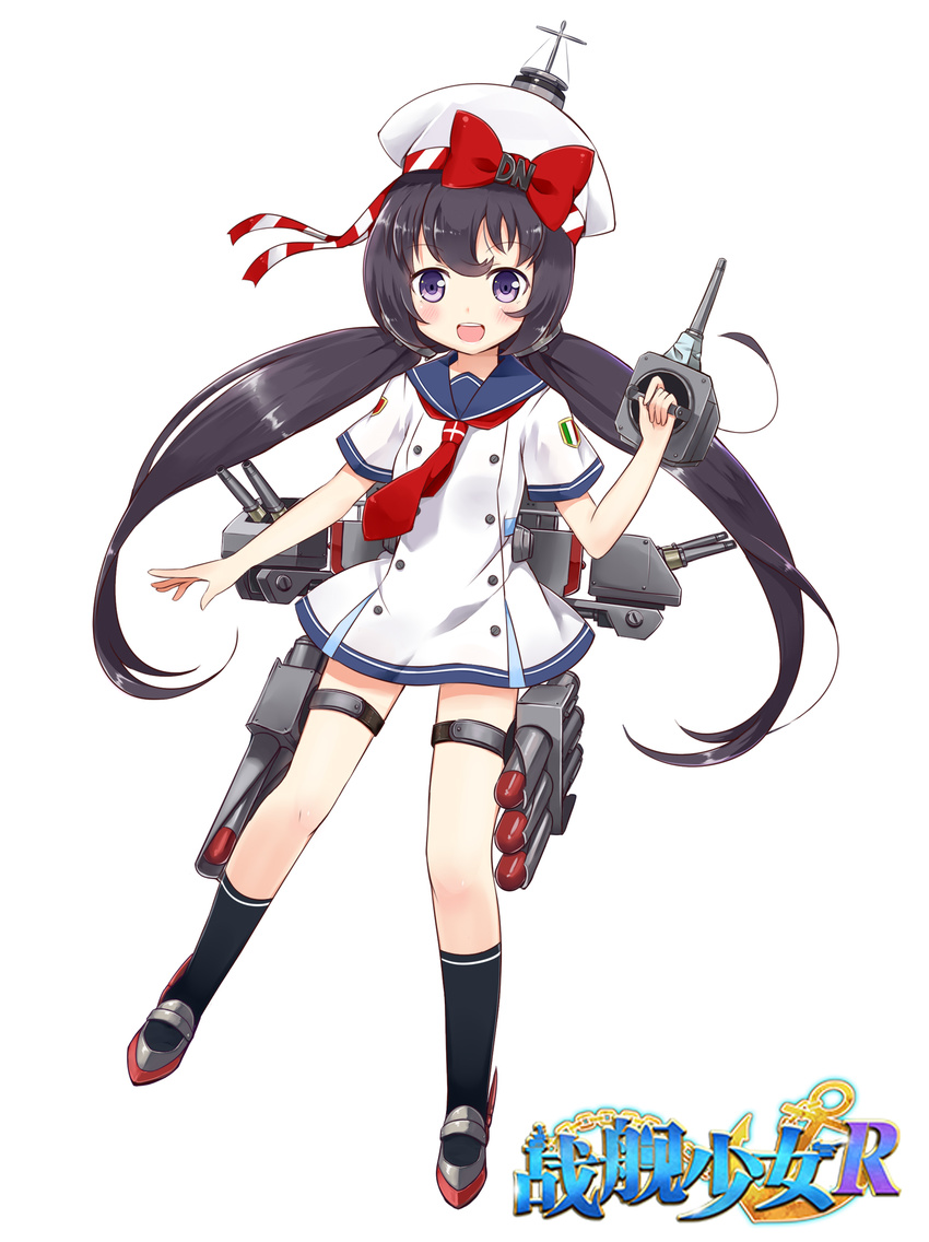 :d antonio_da_noli_(zhan_jian_shao_nyu) black_hair black_legwear blush bow cannon copyright_name double-breasted dress full_body hat highres holding holding_weapon italy legs_apart linda_b long_hair looking_at_viewer low_twintails machinery official_art open_mouth purple_eyes red_bow ribbon rigging sailor_collar sailor_dress shirt short_sleeves smile socks solo standing striped striped_ribbon teeth thigh_strap torpedo turret twintails very_long_hair weapon white_background white_hat white_shirt zhan_jian_shao_nyu