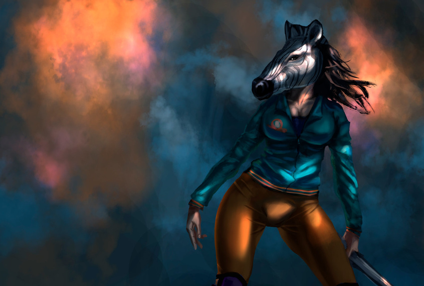 abstract_background black_hair breasts cleavage clothed clothing corey_(hotline_miami) darkedny equine female hair hi_res hotline_miami hotline_miami_2:_wrong_number human mammal mask melee_weapon pose solo weapon zebra