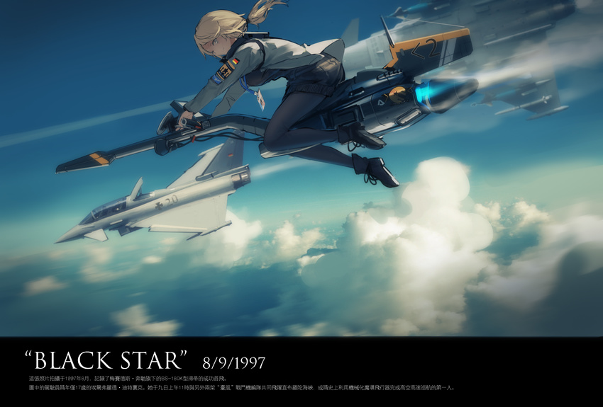 absurdres airbrake aircraft airplane bad_id bad_pixiv_id blonde_hair blue_eyes dress eurofighter_typhoon fighter_jet flying highres jet luftwaffe military military_vehicle original pantyhose renatus.z sky solo sweater sweater_dress