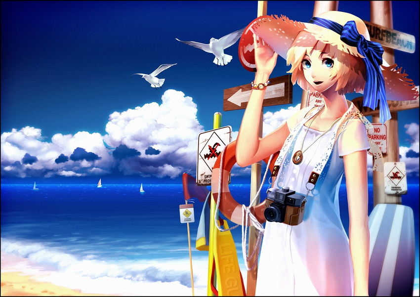 bad_id bad_pixiv_id beach bird blonde_hair blue_eyes boat bow camera cloud copyright_request day dress hand_on_headwear hat looking_at_viewer ocean outdoors sand short_hair sign siro sky solo straw_hat sundress watch watercraft wristwatch