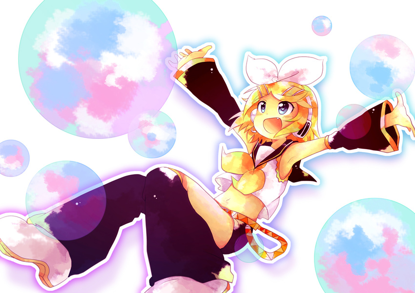 bad_id bad_pixiv_id blonde_hair blue_eyes hair_ornament hair_ribbon hairclip kagamine_rin massala navel ribbon short_hair shorts smile solo vocaloid