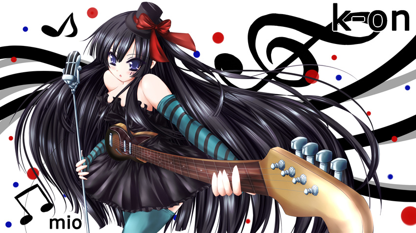 akiyama_mio bad_id bad_pixiv_id bass_guitar black_hair blue_eyes don't_say_"lazy" dress fingerless_gloves gloves hat highres instrument k-on! long_hair microphone microphone_stand mikan_(5555) mini_hat mini_top_hat solo striped thighhighs top_hat