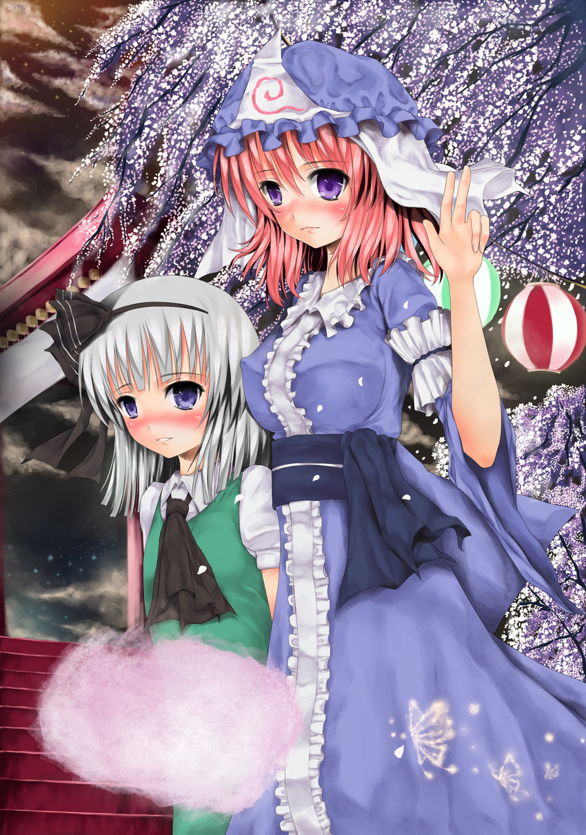 absurdres bad_id bad_pixiv_id blush hairband hat highres hitodama konpaku_youmu konpaku_youmu_(ghost) multiple_girls pink_hair purple_eyes saigyouji_yuyuko short_hair silver_hair tamamono_atae touhou