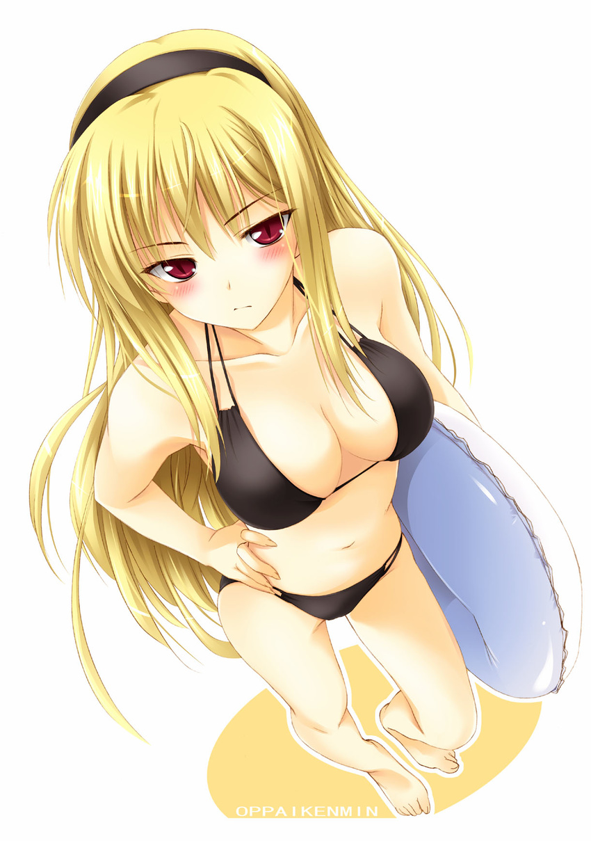 artist_name barefoot bikini blonde_hair blush breasts foreshortening from_above hairband hand_on_hip highres hime_(kaibutsu_oujo) innertube kaibutsu_oujo large_breasts long_hair multi-strapped_bikini oppai_kenmin perspective red_eyes slit_pupils solo swimsuit