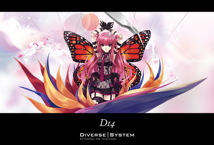 album_cover arms_up beatmania beatmania_iidx butterfly_wings cover diverse_system doll_joints garter_straps highres long_hair misaki_kurehito necktie pink_hair purple_eyes solo string thighhighs tiara torn_clothes tweezers two_side_up umegiri_ameto wallpaper wings