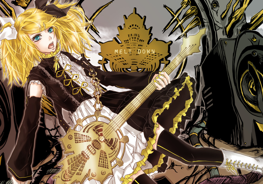 alternate_hairstyle bad_id bad_pixiv_id bass_guitar black_legwear blonde_hair blue_eyes detached_sleeves dress en_(pixiv341819) guitar hair_ornament hairclip highres instrument kagamine_rin kagamine_rin_(roshin_yuukai/hard_rkmix) roshin_yuukai_(vocaloid) solo thighhighs twintails vocaloid zettai_ryouiki